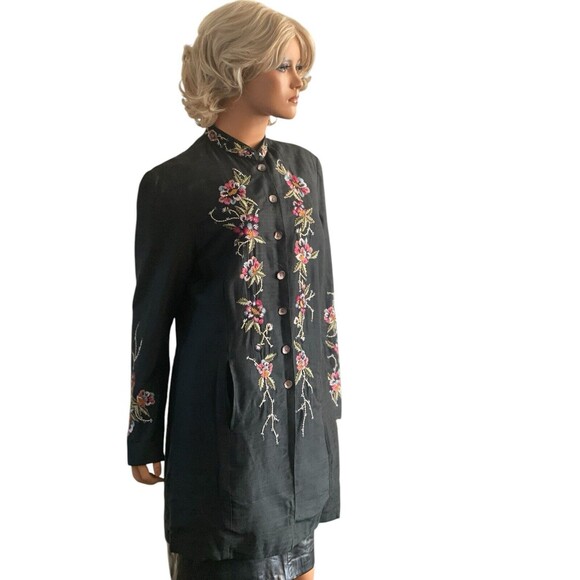 Vtg Embroidered Floral Jacket Blazer Silk Blend M Women’s Banded Collar Black - Picture 3 of 16